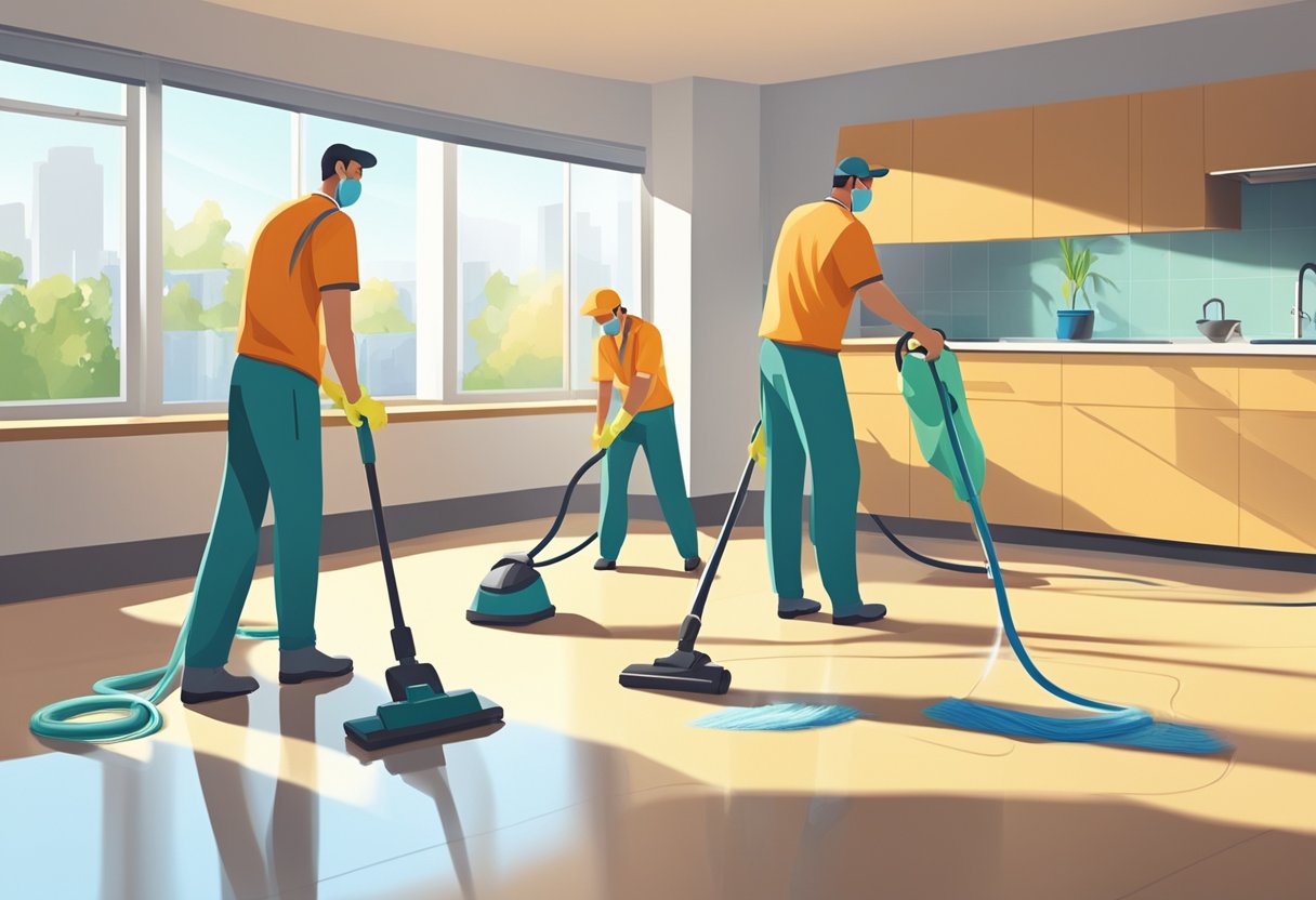 A team of cleaners meticulously scrubbing floors, wiping down surfaces, and vacuuming carpets in a spacious, empty apartment. The sunlight streams through the windows, illuminating the spotless environment