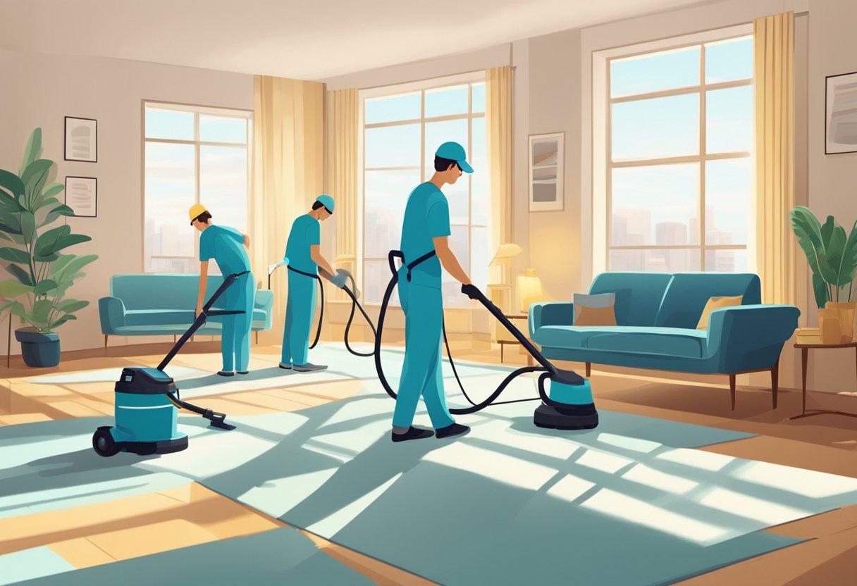 A team of cleaners meticulously scrub and polish every surface in a vacant apartment, leaving it spotless and fresh. Vacuum lines crisscross the carpet, and the windows gleam in the sunlight