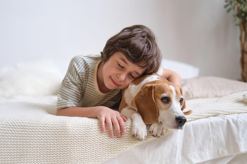 Boy hugging emotional support dog